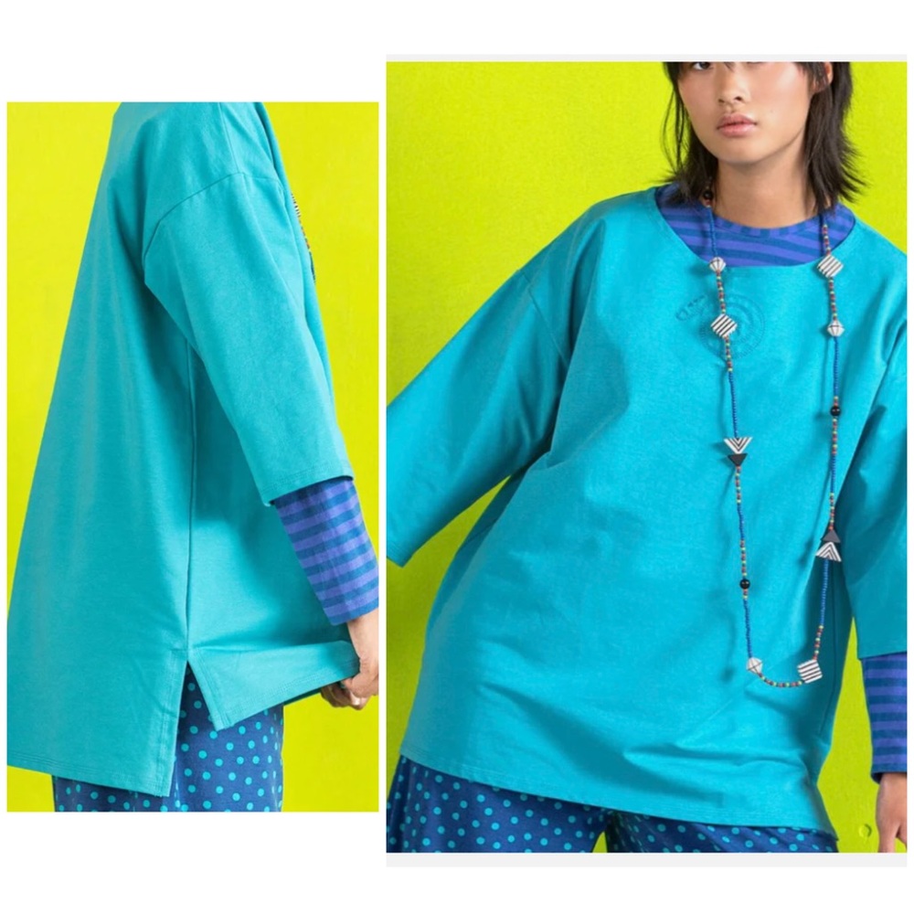 GUDRUN SJODEN Tunic Long Top Blue Shell Women’s Size Small Laganlook Natural